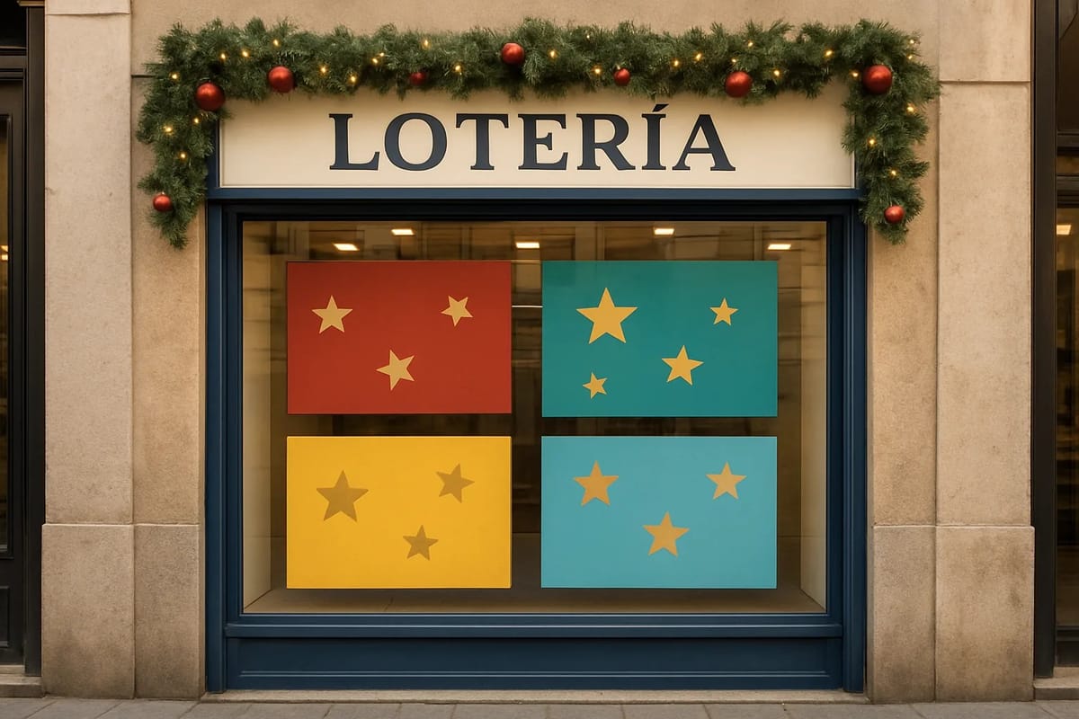 Escaparate de una tienda de lotería con guirnaldas navideñas y carteles de estrellas